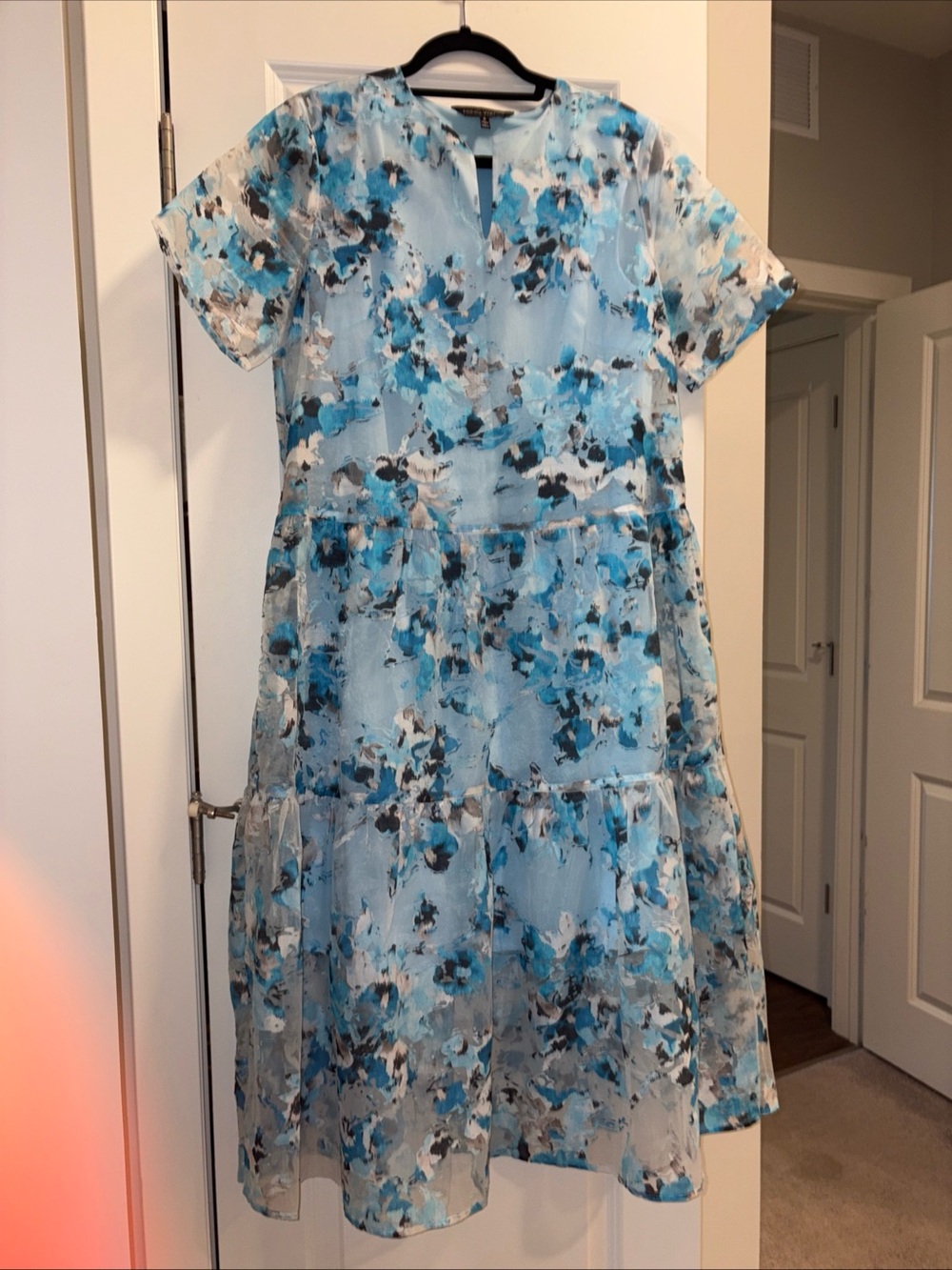 Ming Wang Blue, White and Tan Abstract Floral Maxi Dress